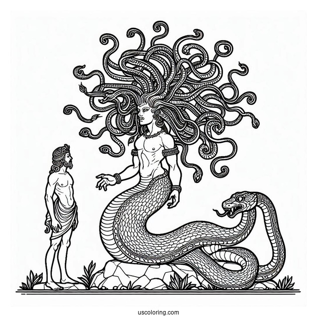 Medusa Coloring Page With Giant Snake Standing On Man Who Turned To Stone