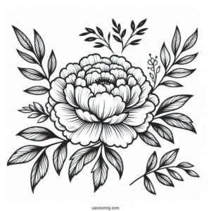 Flower Coloring Pages Of Peony With Leaves