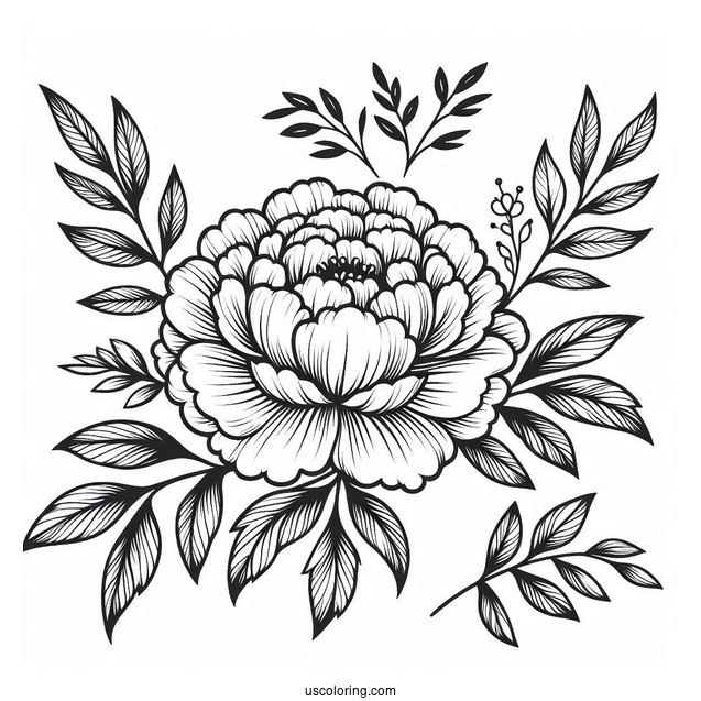 Flower Coloring Pages Of Peony With Leaves