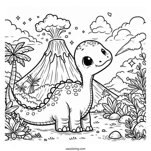 Little Apatosaurus With Volcano In The Background