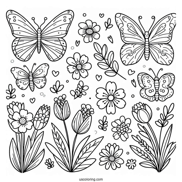 Cartoon Spring Coloring Page Butterflies And Flowers