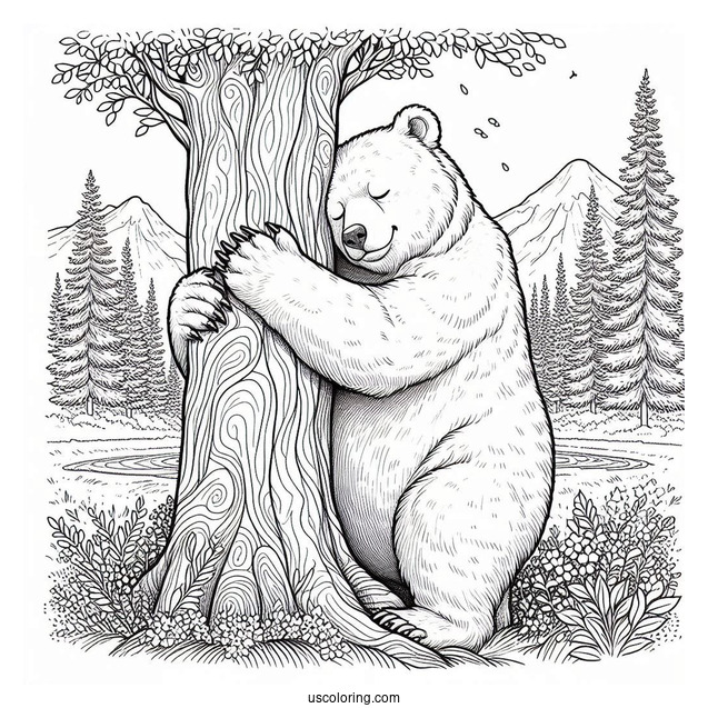 Adult Bear Coloring Page Rubbing Back On Tree
