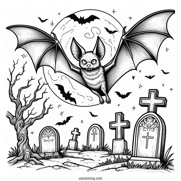 Large Bat Coloring Page Flying Over Tombstones Halloween