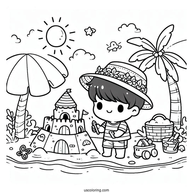 Summer Coloring Page Of Cute Chibi Children Making A Sandcastle For Kids