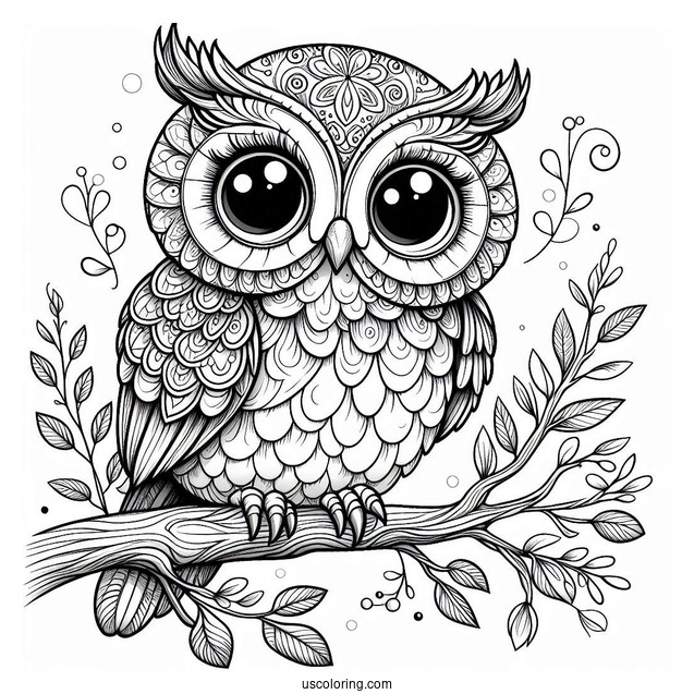 Owl Sitting On Branch With Big Eyes