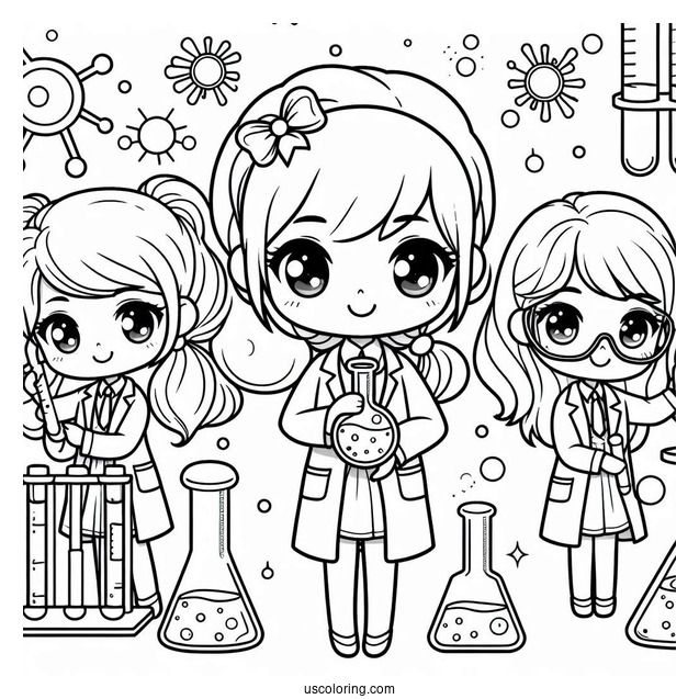 Science Coloring Page Of Kawaii Female Scientists Holding Volumetric Flasks