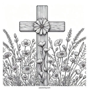 Cross Coloring Page Covered In Wildflowers On A Field