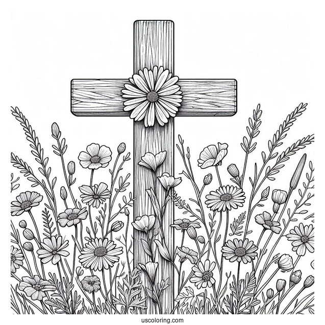 Cross Coloring Page Covered In Wildflowers On A Field