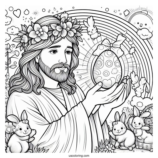 Jesus Holding An Easter Coloring Page Of Egg While Surrounded By Bunnies