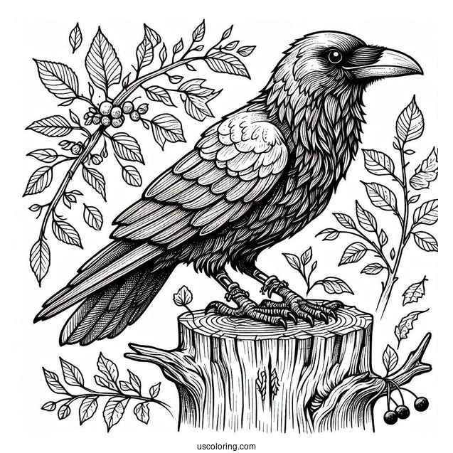Detailed Raven Coloring Page Perched On A Tree Stump