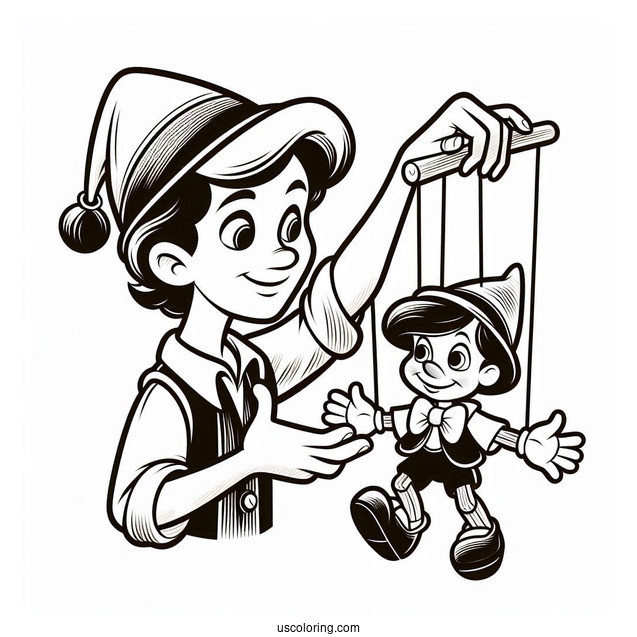 Geppetto Controlling Puppet Pinocchio Coloring Page