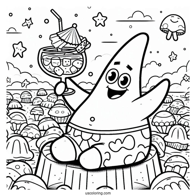 Patrick Star Coloring Page Drinking Cocktail In Front Of Jelly Fields