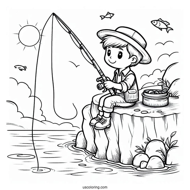Fishing Coloring Page Of Boy Fishing On A Cliff For Kids