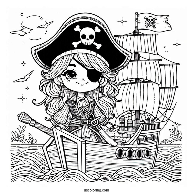 Pirate With Eyepatch On The Deck Of A Pirate Ship Coloring Page