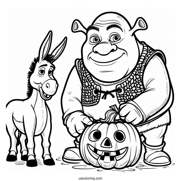 Shrek With Donkey And Pumpkin During Halloween