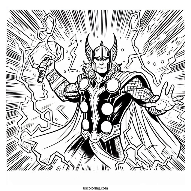 Coloring Page Of Thor Surrounded By Lightning