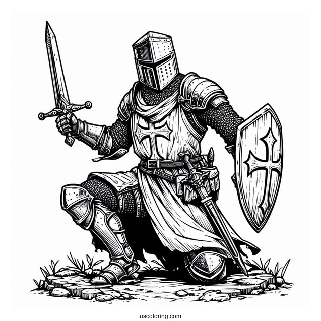 Crusader Knight Fighting Coloring In