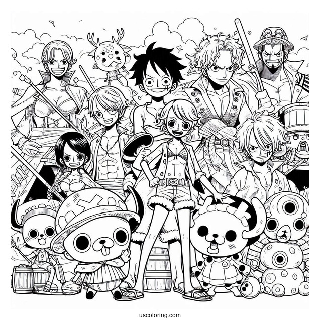 One Piece Coloring Page Of Luffy, Nico, Sanji, Zoro, Nami, Chopper, And Usopp