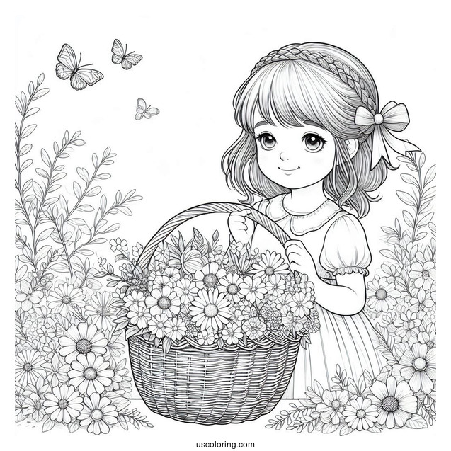Realistic Little Girl Holding Basket Of Spring Coloring Page Flowers