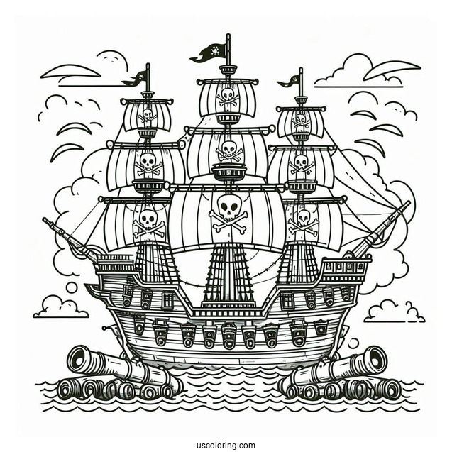 Coloring Page Of Pirate Ship With Multiple Canons