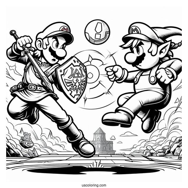 Super Smash Bros Coloring Page Of Mario Fighting Zelda