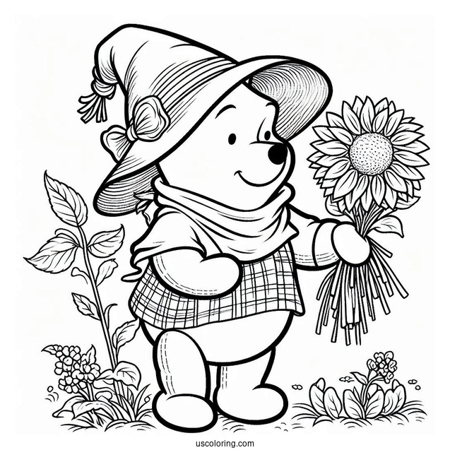Adorable Winnie The Pooh Dressed As A Scarecrow Coloring Page For Preschoolers