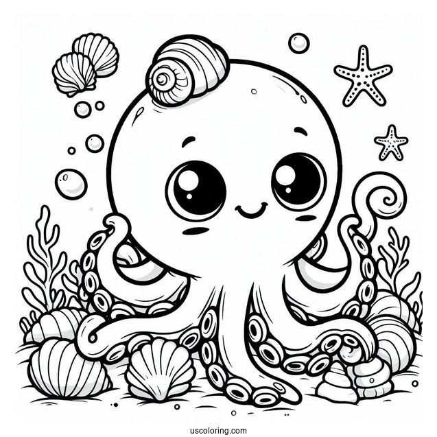 Grinning Cartoon Octopus Coloring Page In The Sea With Shells