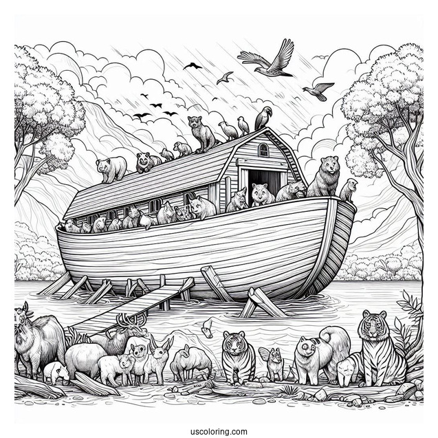 Noah's Ark Coloring Page Of Realistic Animals Outside The Ark After The Flood