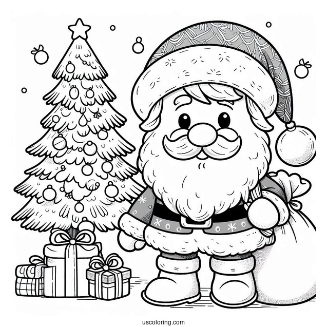 Santa Claus Beside A Christmas Tree On New Year Coloring Page