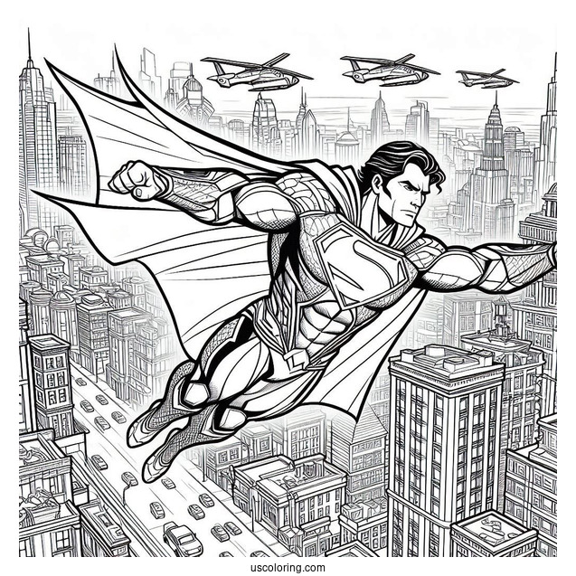 Justice League Coloring Page Flying In The City