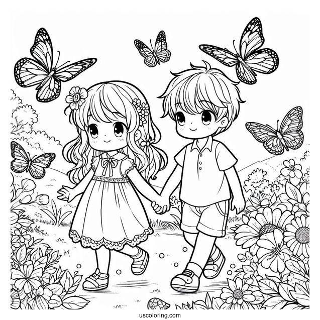 Boy And Girl Playing In Nature With Butterflies