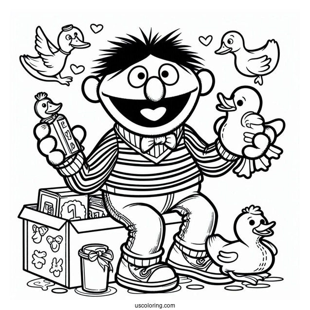 Ernie Holding Paper Ducks Coloring Sheet