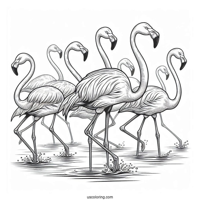 Flock Of Flamingos Walking In Water