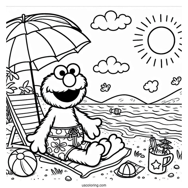 Summer Themed Elmo At The Beach To Color