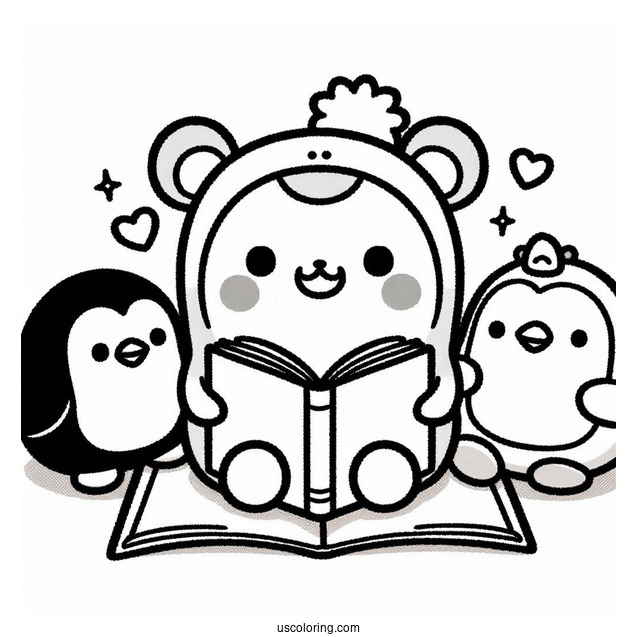 Sumikko Gurashi Coloring Page Of Tonkatsu, Penguin, Niko, And Polari Reading With Minnikos