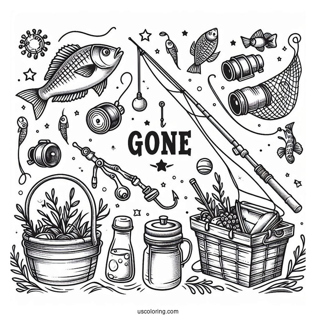 Gone Fishing Coloring Page With Bait, Rods, Nets, And Boat