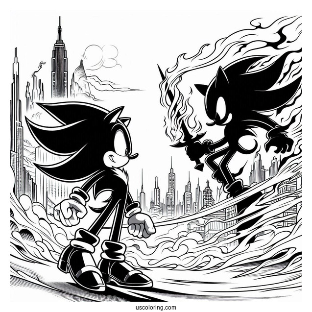 Shadow Coloring Page Of Fighting In Burning City