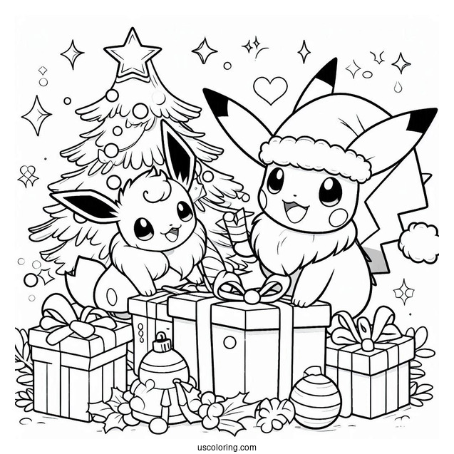 Pokemon Christmas Coloring Page Christmas Eevee And Pikachu Opening Presents