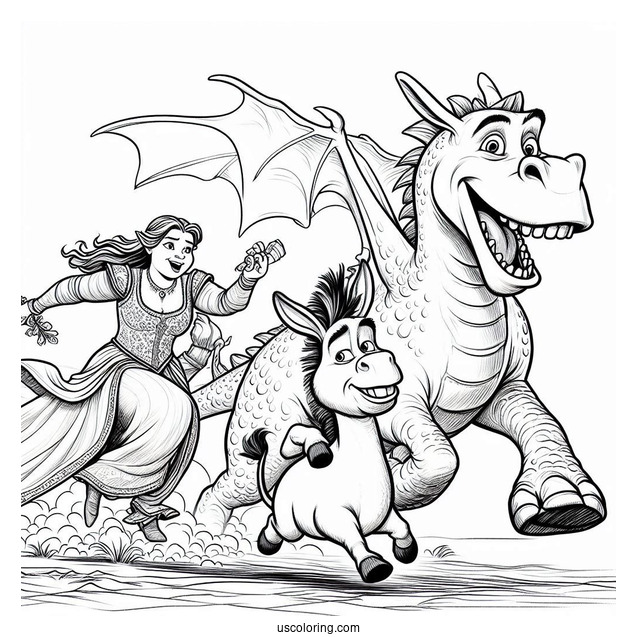 Shrek, Fiona And Donkey Running From Dragon