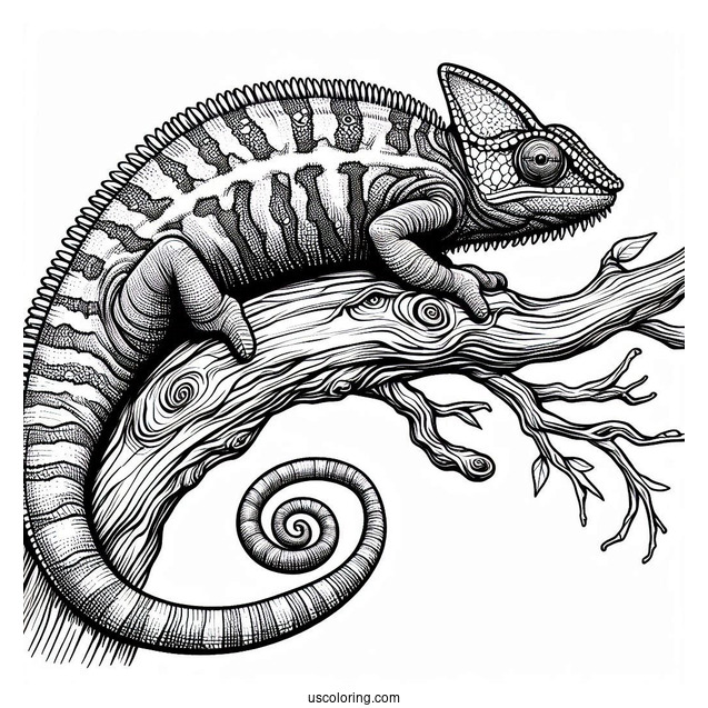Lizard Coloring Page of Jackson's Chameleon On Tree Branch