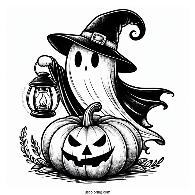 Ghost Pumpkin Coloring Page With Cape And Witch Hat Holding A Lantern
