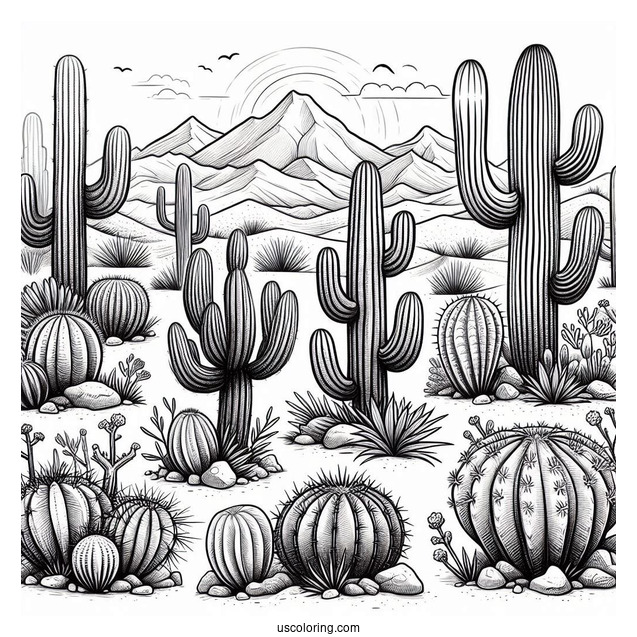 Various Cactus In Arizona Dessert To Color