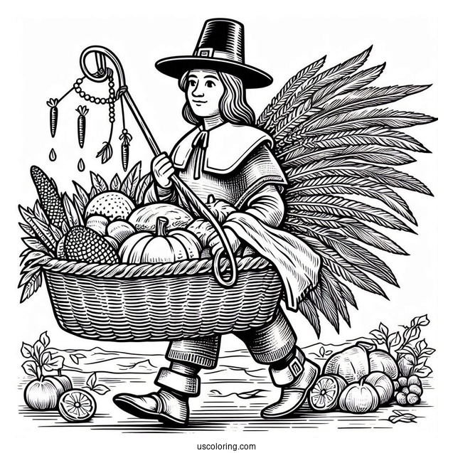 A Pilgrim Coloring Page Of A Native American Carrying Food