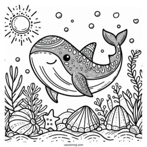 Cute Whale Shark Coloring Page With Seashells