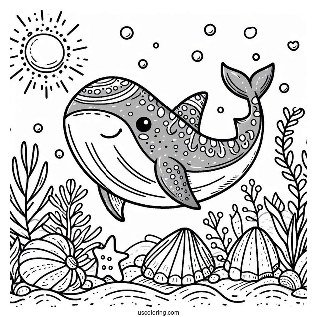 Cute Whale Shark Coloring Page With Seashells