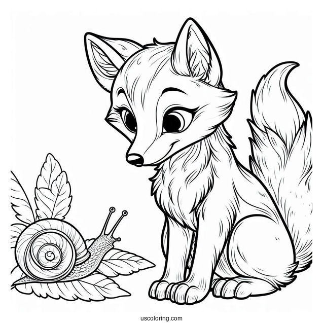 Young Fox Coloring Page Watching A Large Snail On A Leaf