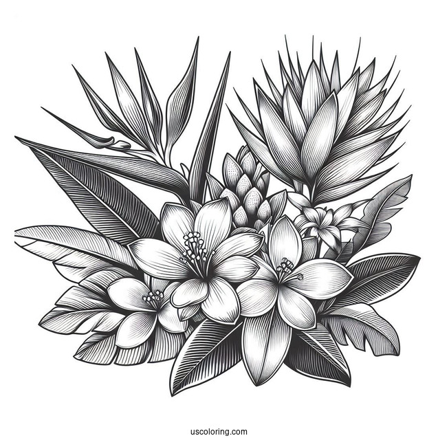 Flower Coloring Pages Of Exotic Tropical Orchid, Strelitzia, Hibiscus, Protea, And Calathea