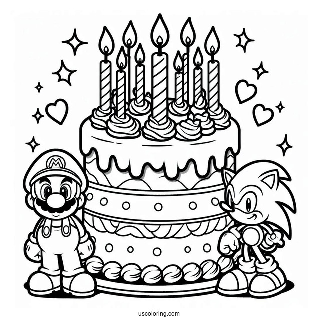 Mario And Sonic Birthday Cake Coloring In For Kids