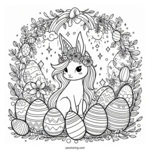 Easter Coloring Page Of Bunny With A Unicorn Surrounded By Easter Eggs