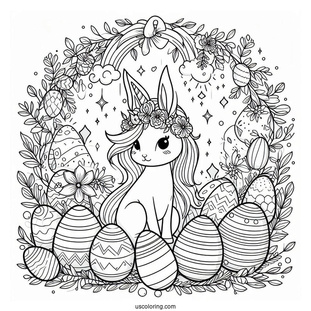 Easter Coloring Page Of Bunny With A Unicorn Surrounded By Easter Eggs
